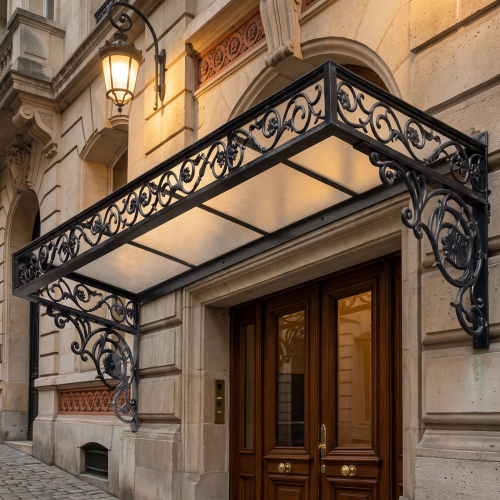 Decorative metal canopy over a door of an elegant building