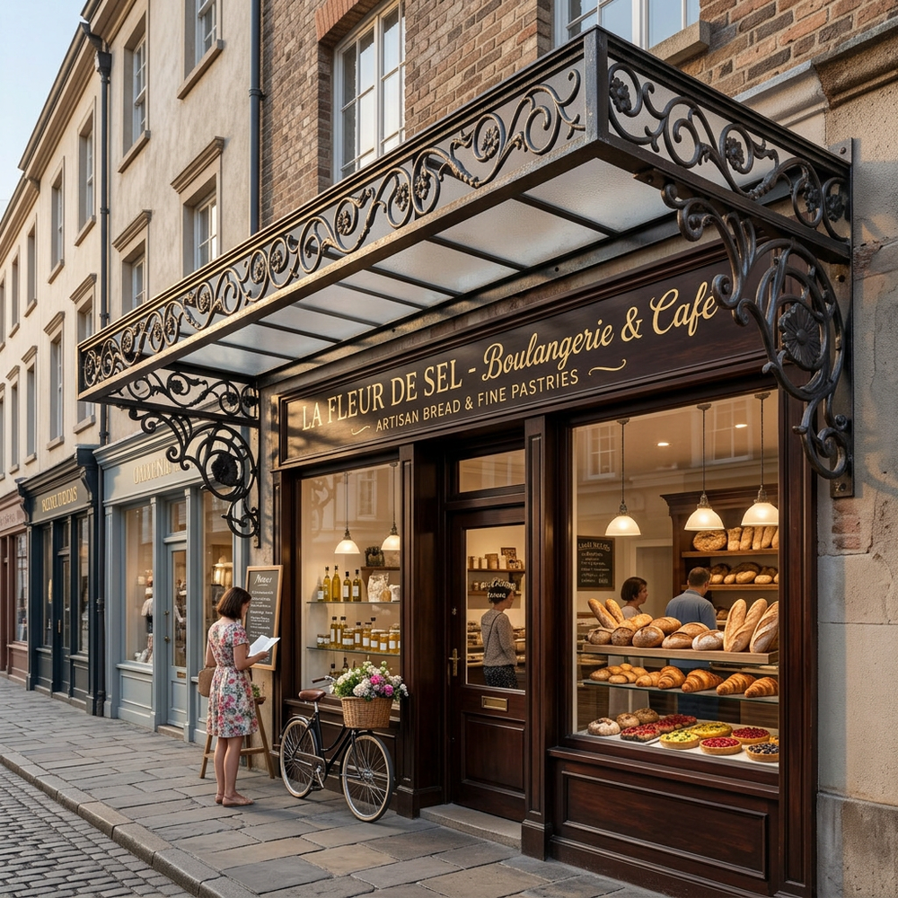 Bakery and cafe with decorative awning and display of bread and pastries.