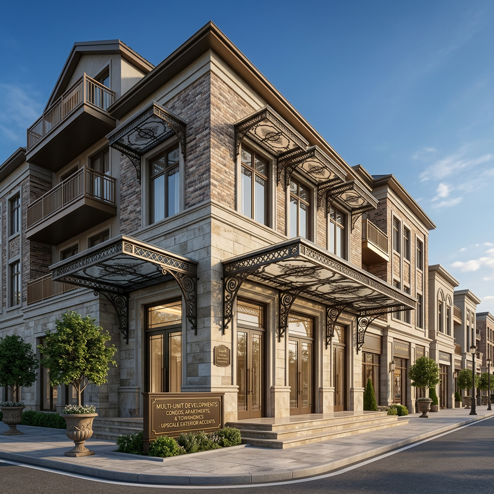 Stately building with stone facade and decorative awnings under a clear blue sky.