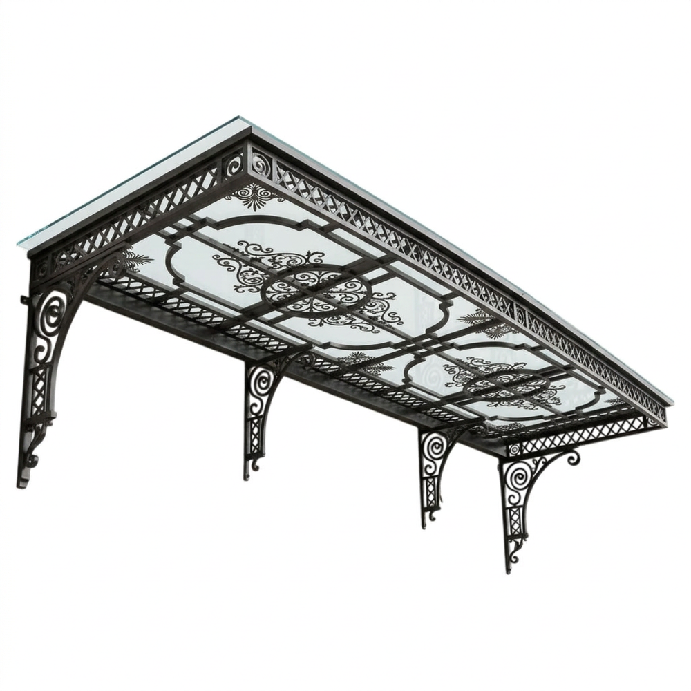 Decorative metal canopy with intricate designs on a white background