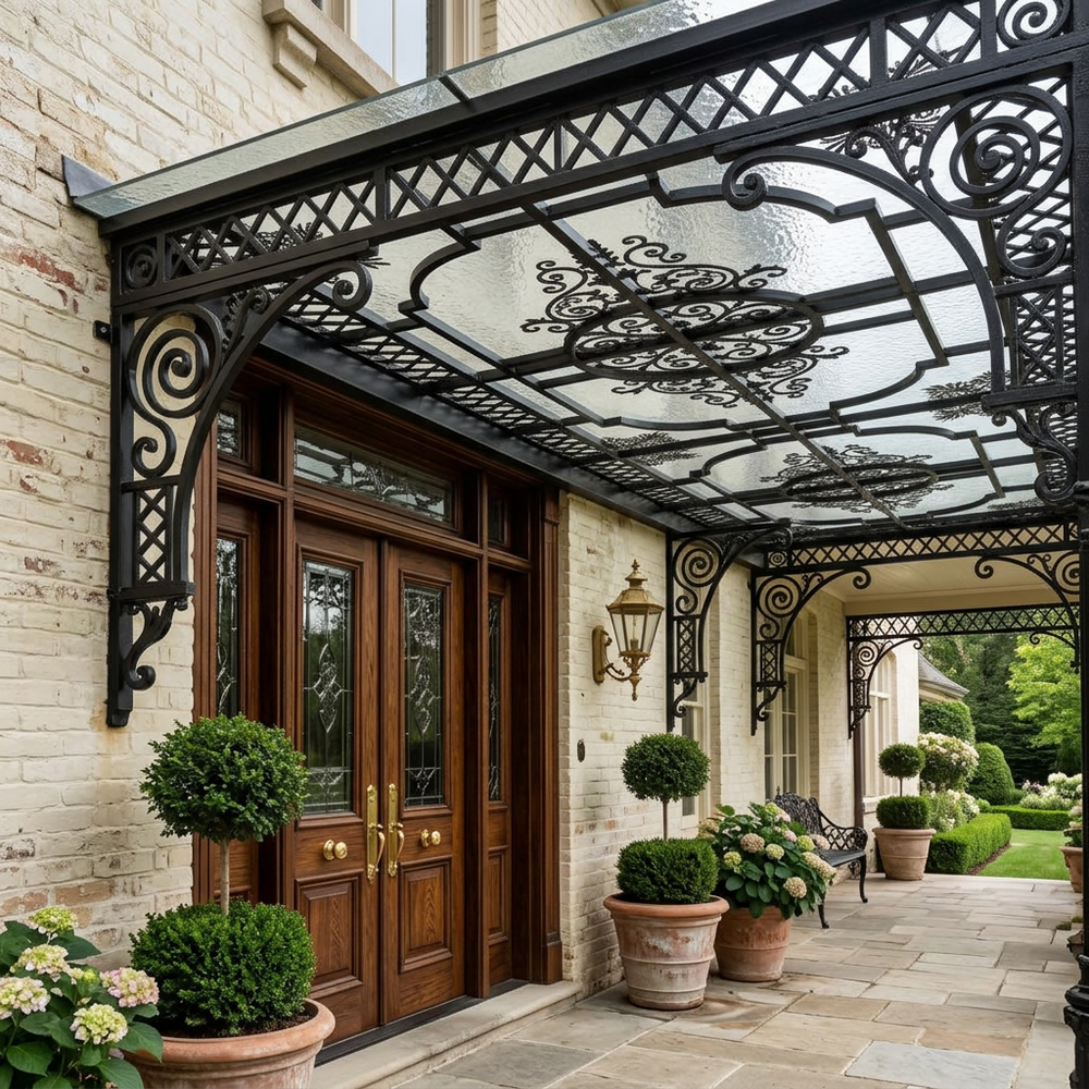 Decorative metal canopy over a door with potted plants and garden view