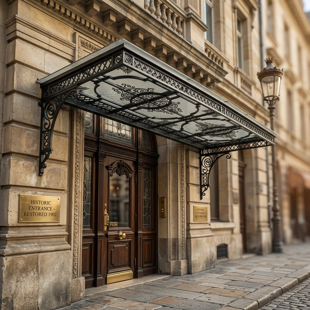 Decorative canopy over a historic entrance of a building with ornate details.
