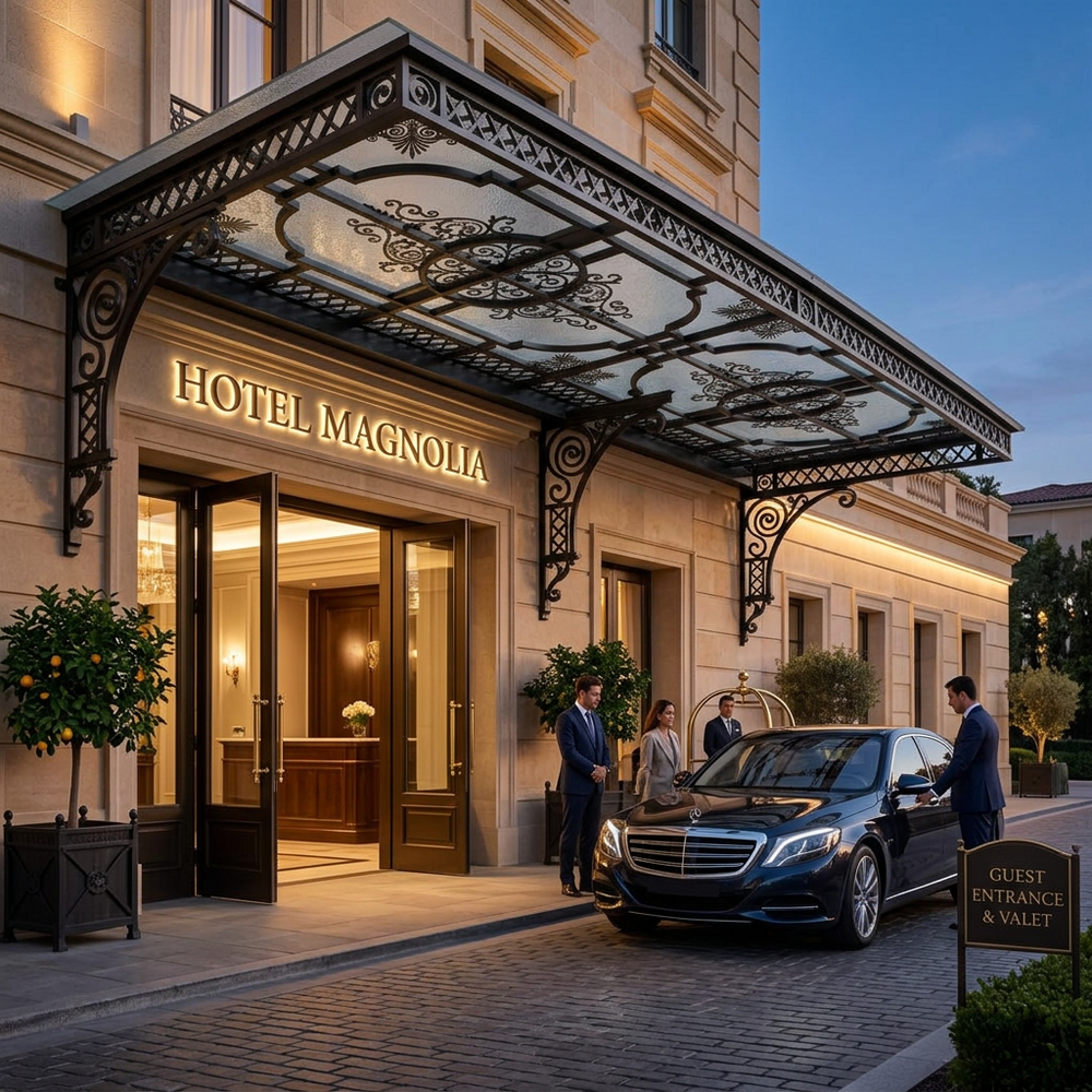 Hotel Magnolia entrance with a car parked outside