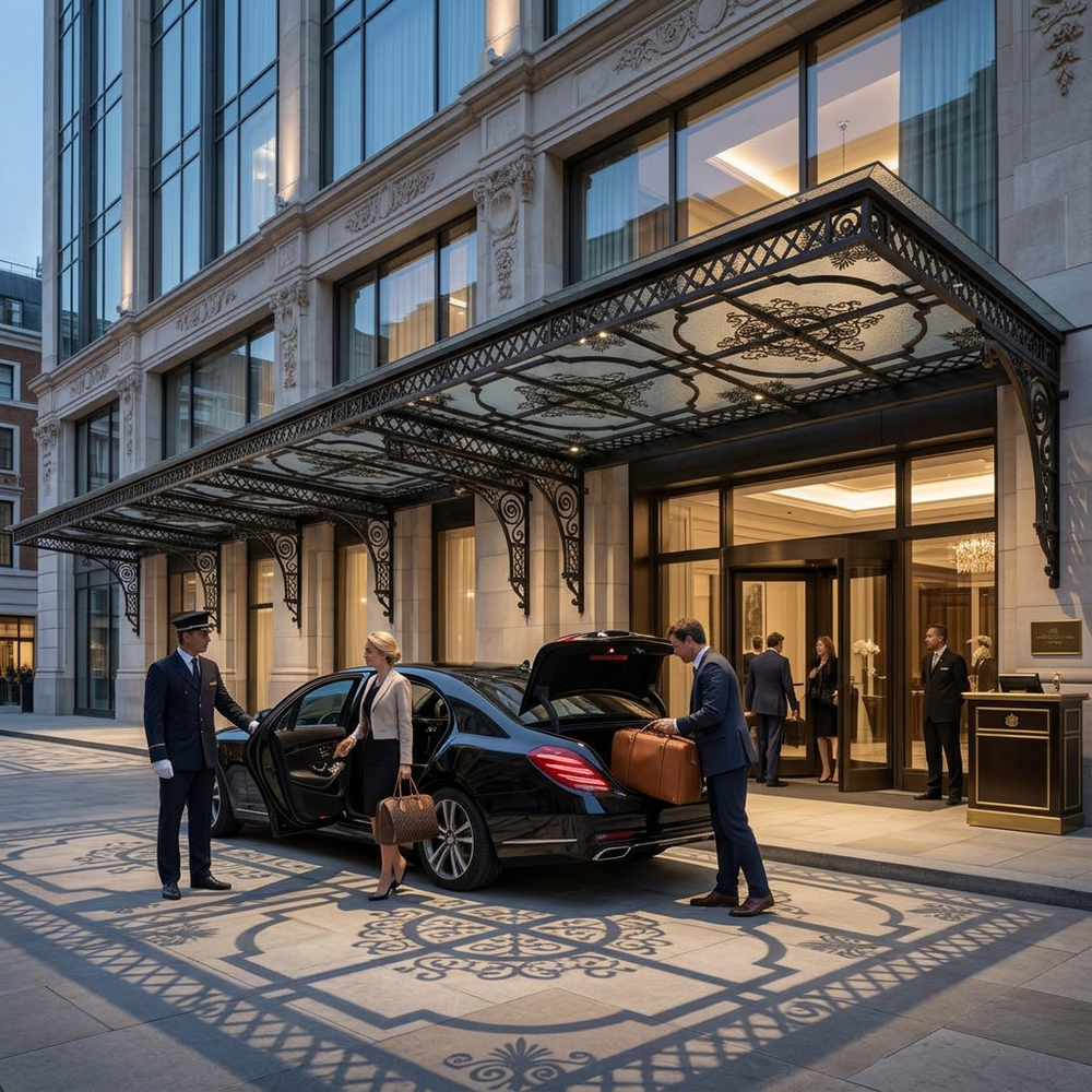 Luxury hotel entrance with a black car and staff assisting a guest.