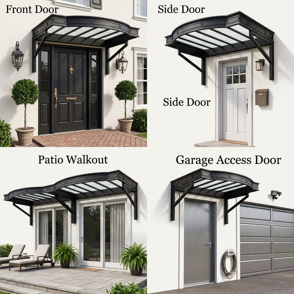 Four different types of door canopies shown with their respective door types.