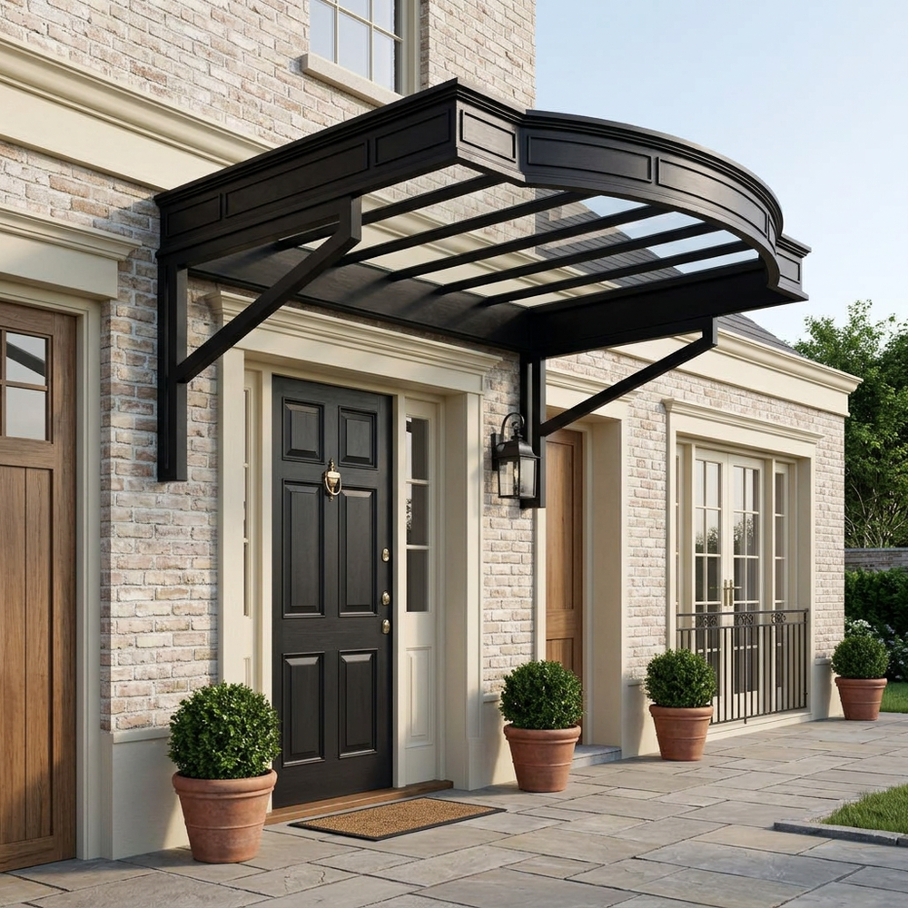 Black curved awning over a door with potted plants on a stone patio.