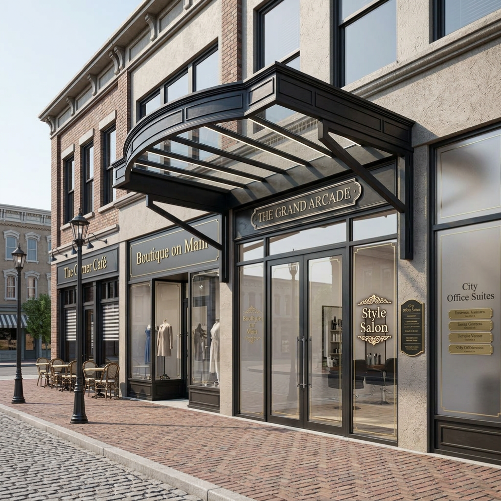 Commercial building with glass storefronts and an awning labeled 'The Grand Arcade'.