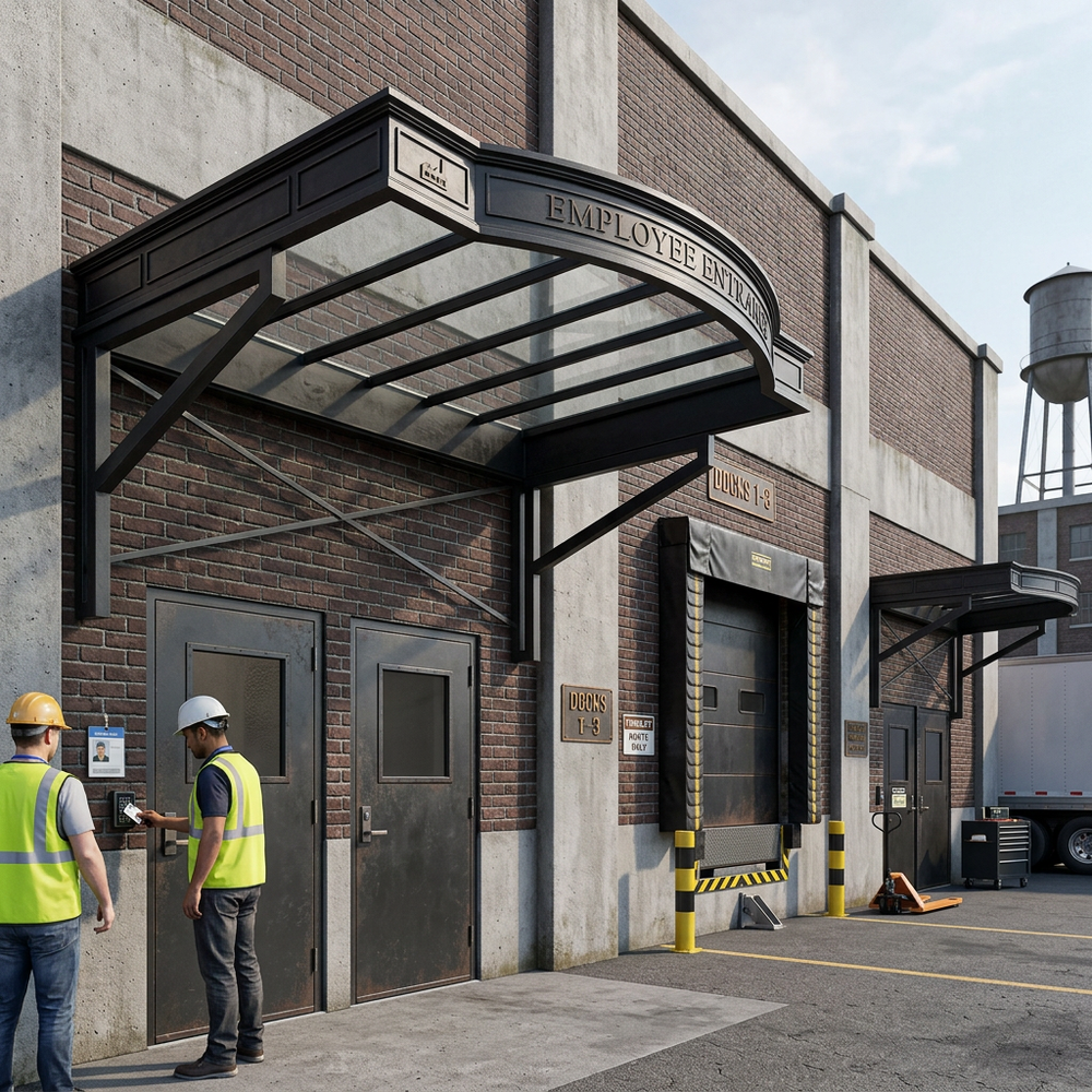Two employees at a warehouse entrance with an employee entry canopy.