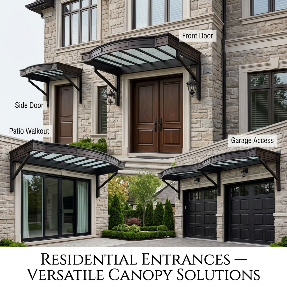 Residential entrance with labeled canopy solutions on a stone building.