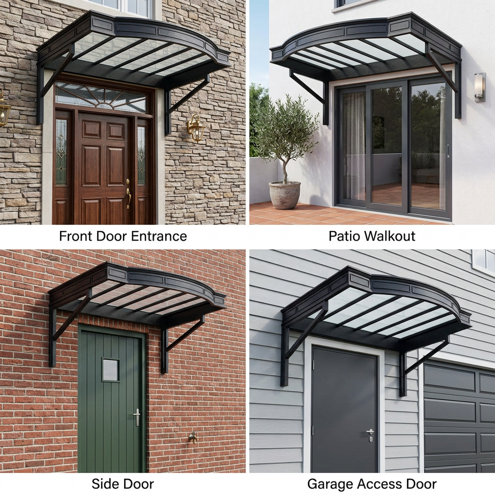 Four different types of door canopies shown on various door entrances.