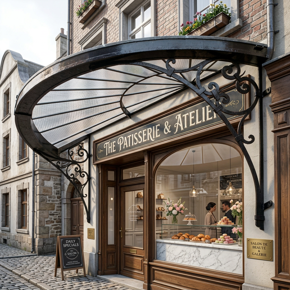 Heritage iron awning featuring radiating supports and decorative scroll brackets.