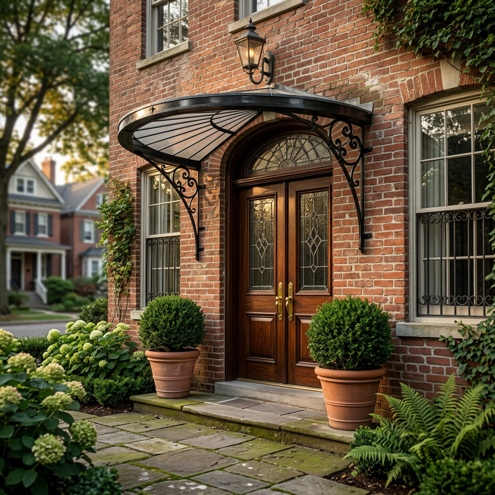 Semi‑circular architectural awning with scrollwork and tempered glass top.