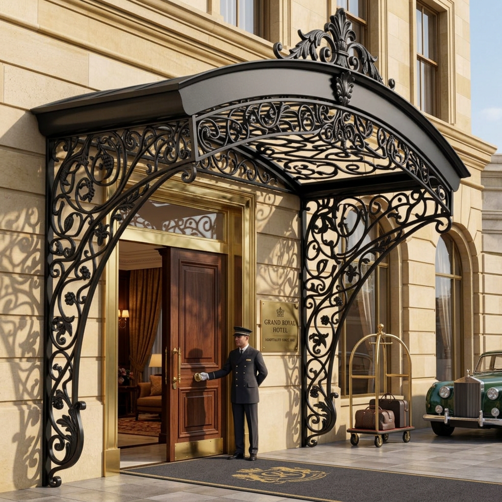 Decorative wrought iron canopy installed above doorway with floral detailing.
