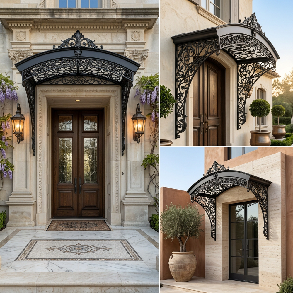 Ornamental metal awning with curved roof and symmetrical decorative supports.