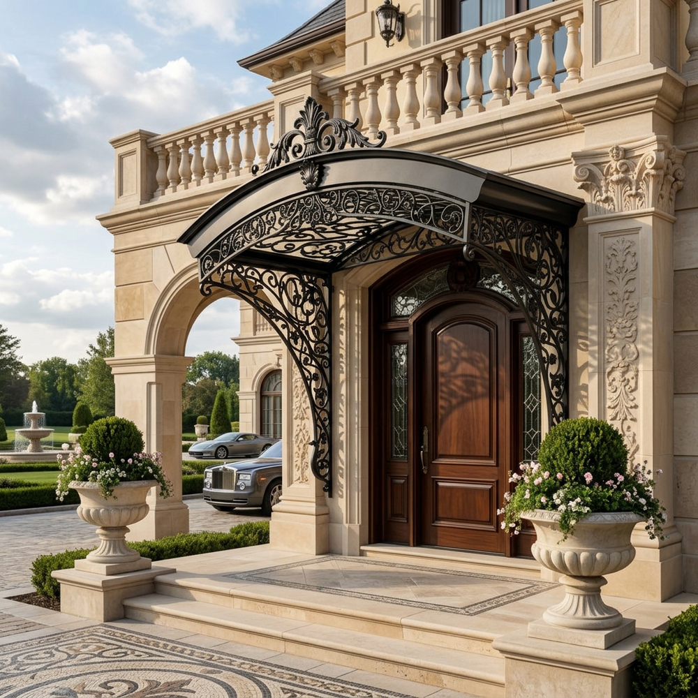 Ornamental iron canopy featuring vine motifs and decorative curved brackets.