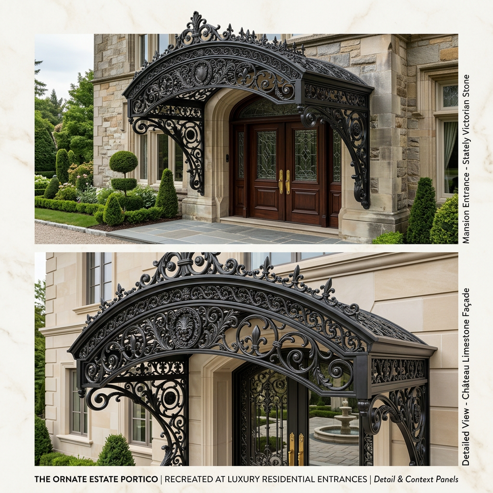 Ornamental wrought iron canopy designed for upscale entrances.