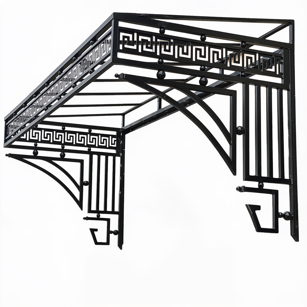 Greek Key Wrought Iron & Glass Architectural Canopy – Classical Geometric Border Awning - Made in Canada - Model # WA906