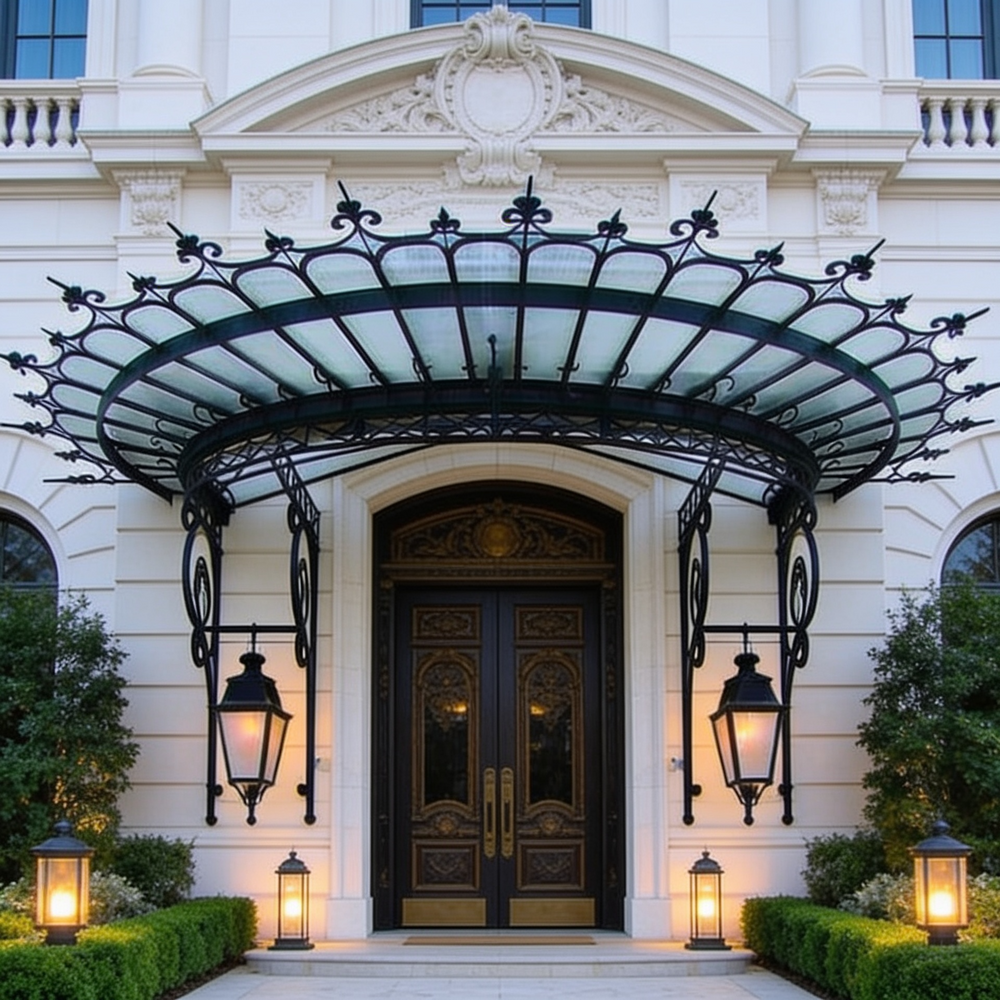 Wrought iron scrollwork canopy installed above double wooden door.