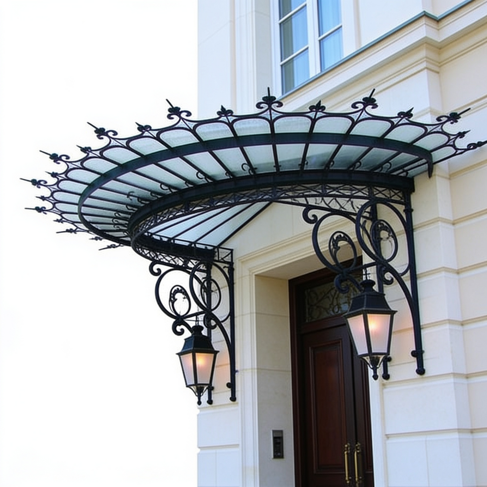 Wrought iron scrollwork canopy installed above double wooden door.