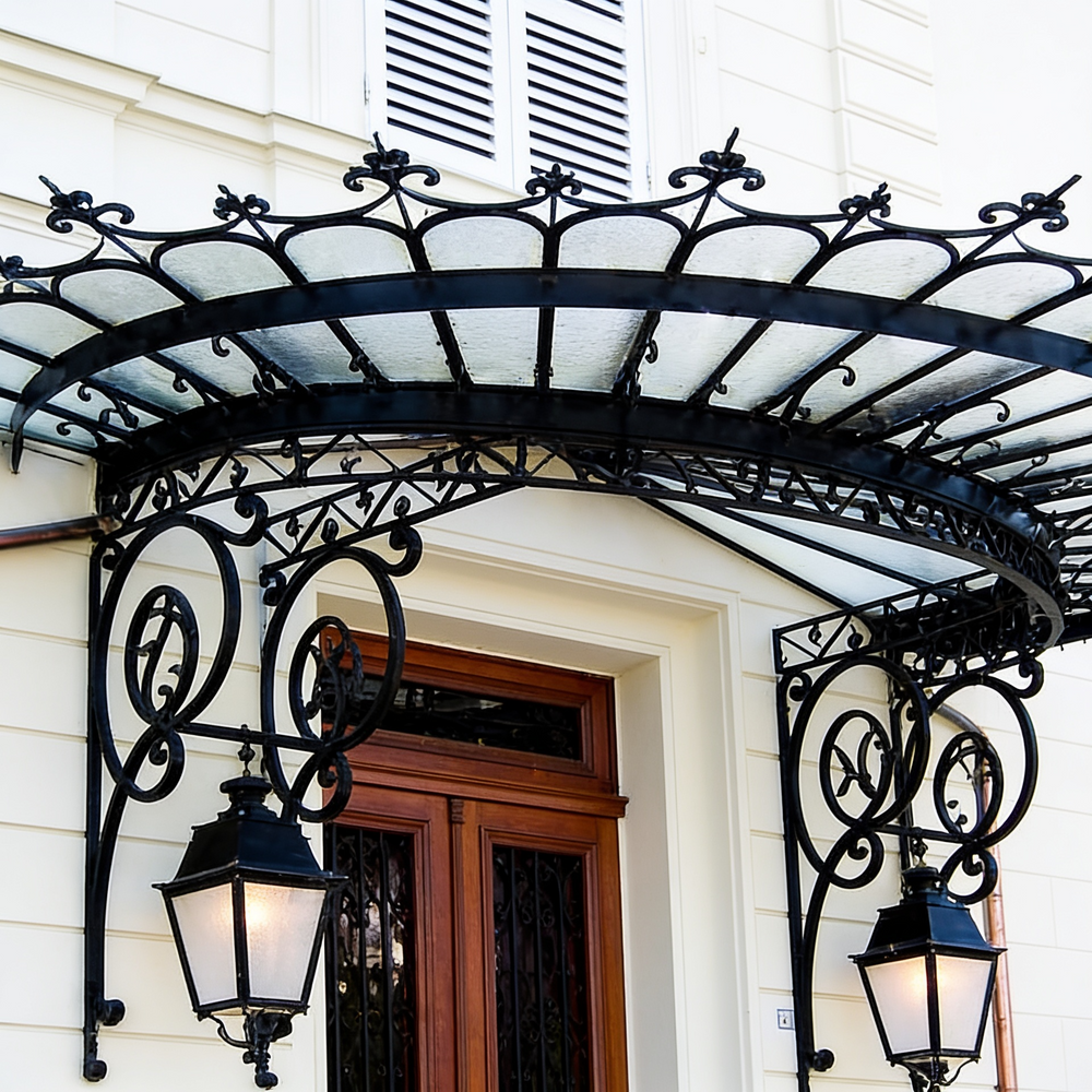 Curved glass awning with heavy wrought iron brackets and decorative scroll patterns.