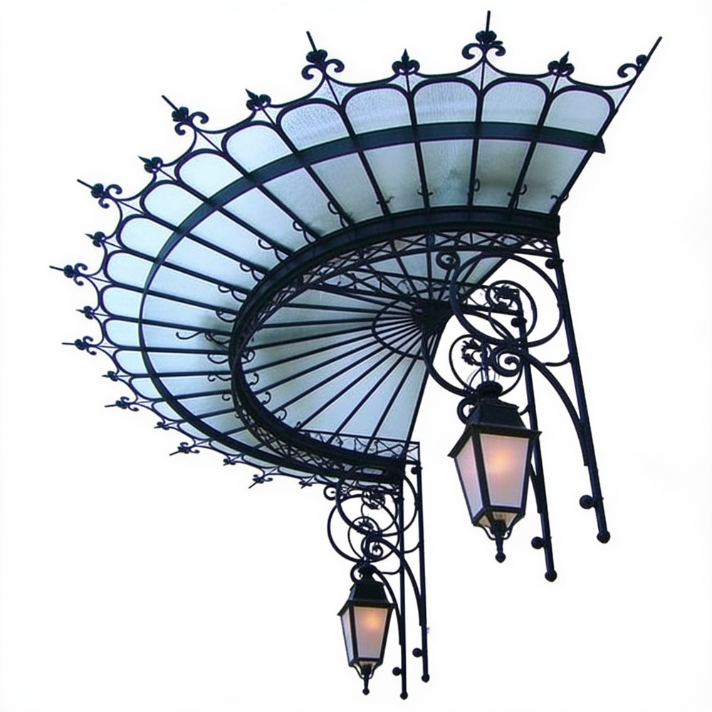 Curved glass awning with heavy wrought iron brackets and decorative scroll patterns.