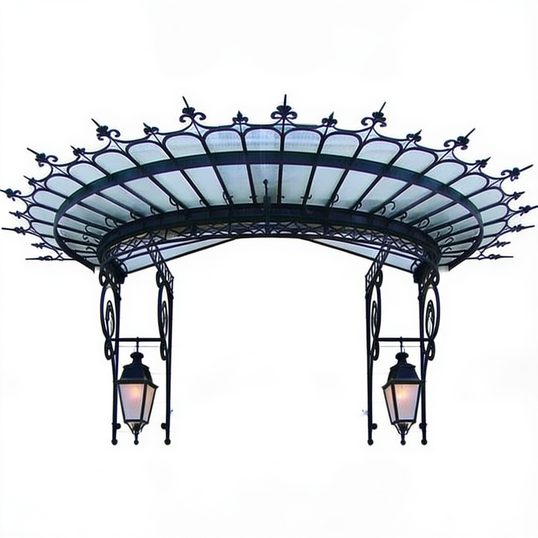 Arched glass canopy with ornate wrought iron scrollwork and dual lantern lights.