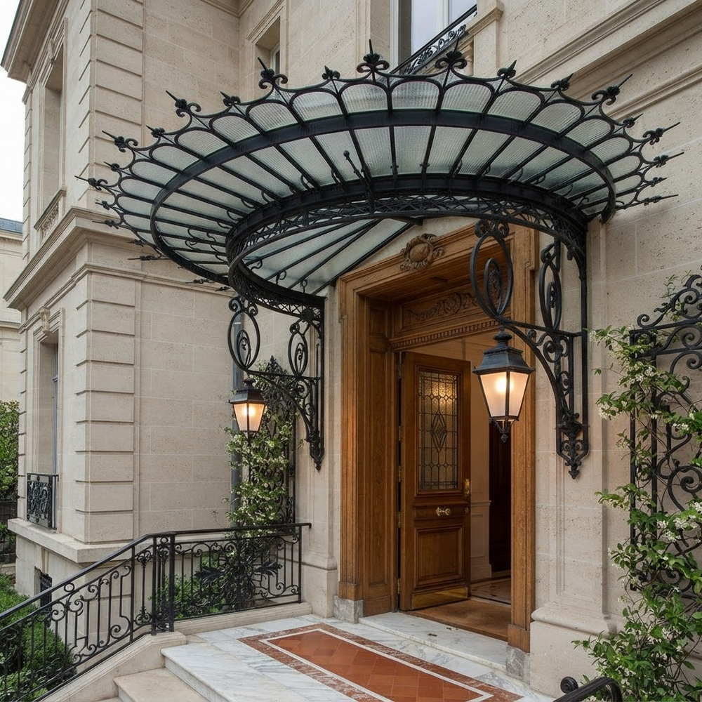 Decorative iron entrance awning featuring curved glass roof and large lantern fixtures.