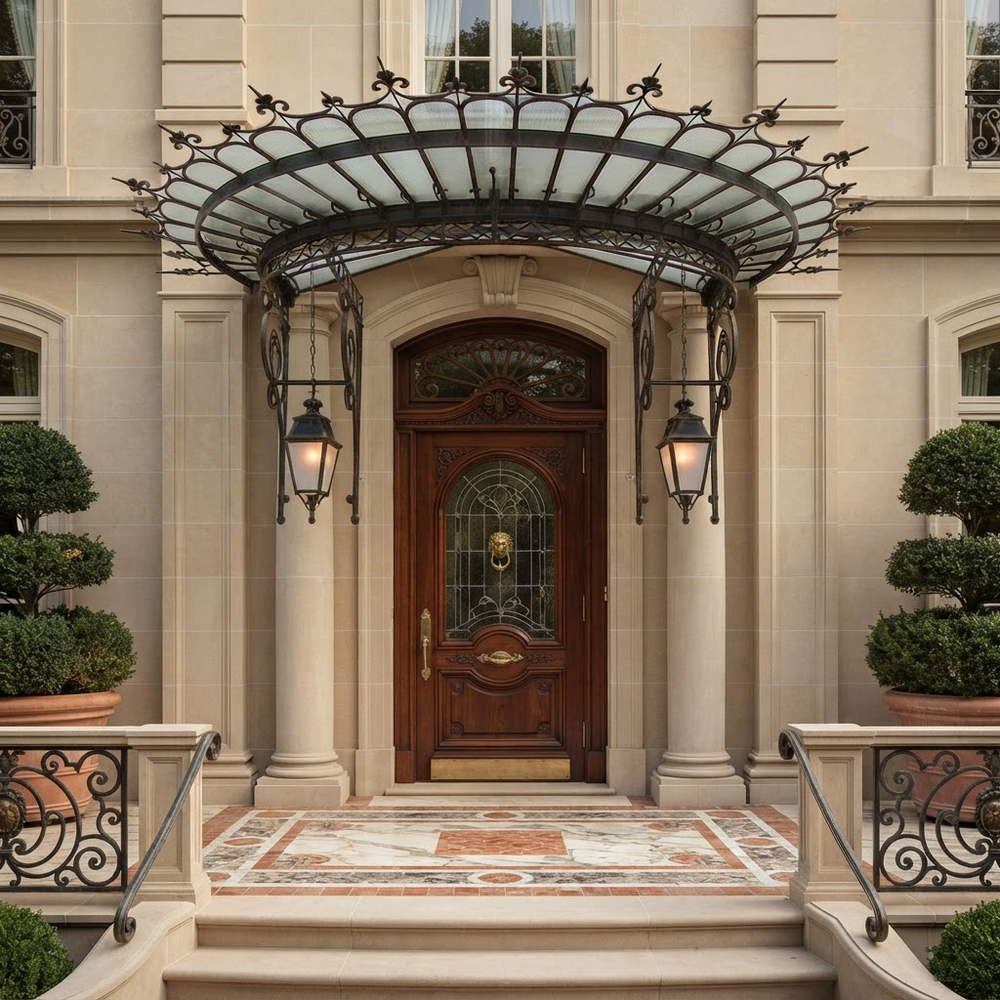 Wrought iron and glass canopy mounted above exterior doorway with scrollwork.