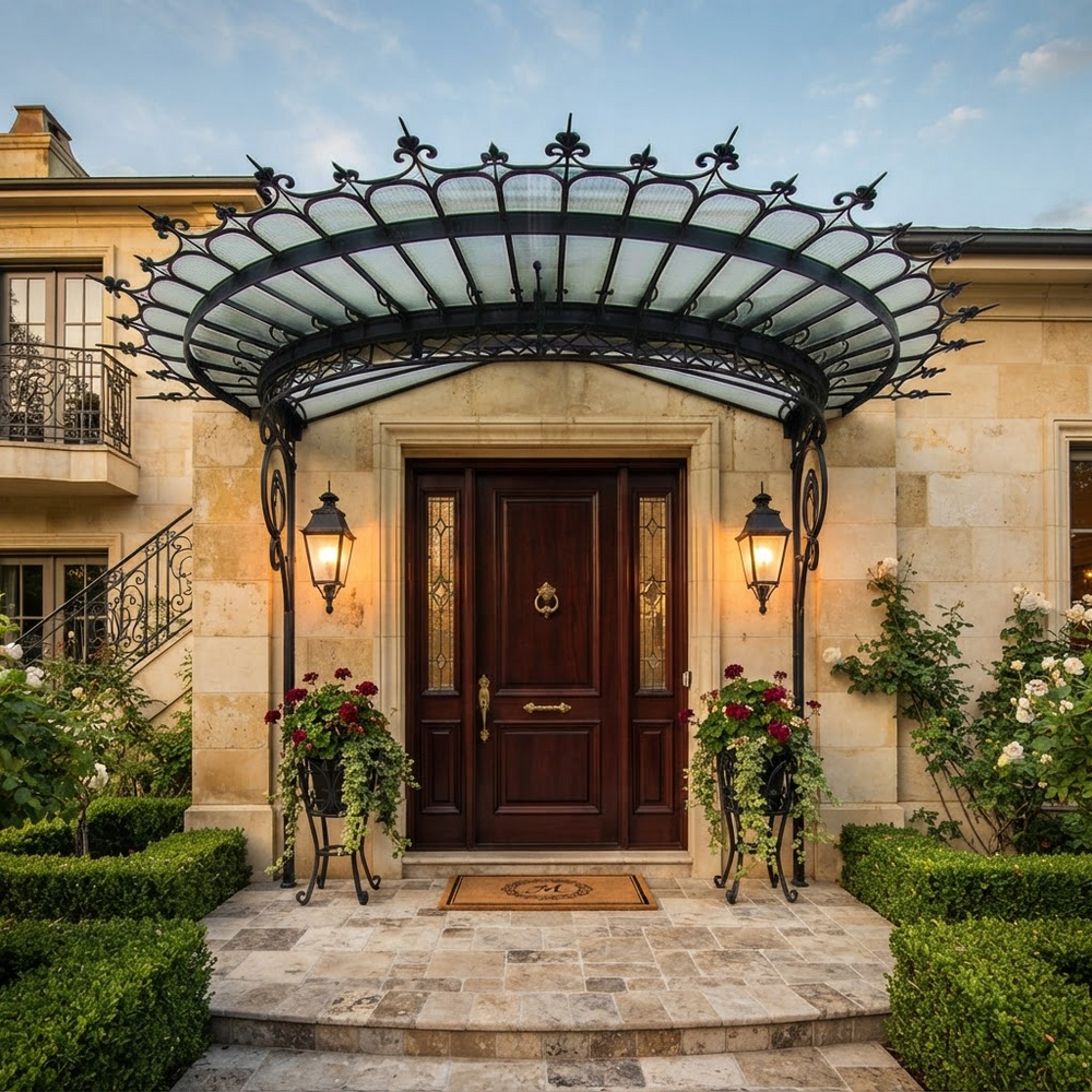 Architectural entrance canopy featuring wrought iron scroll brackets and glass panel.