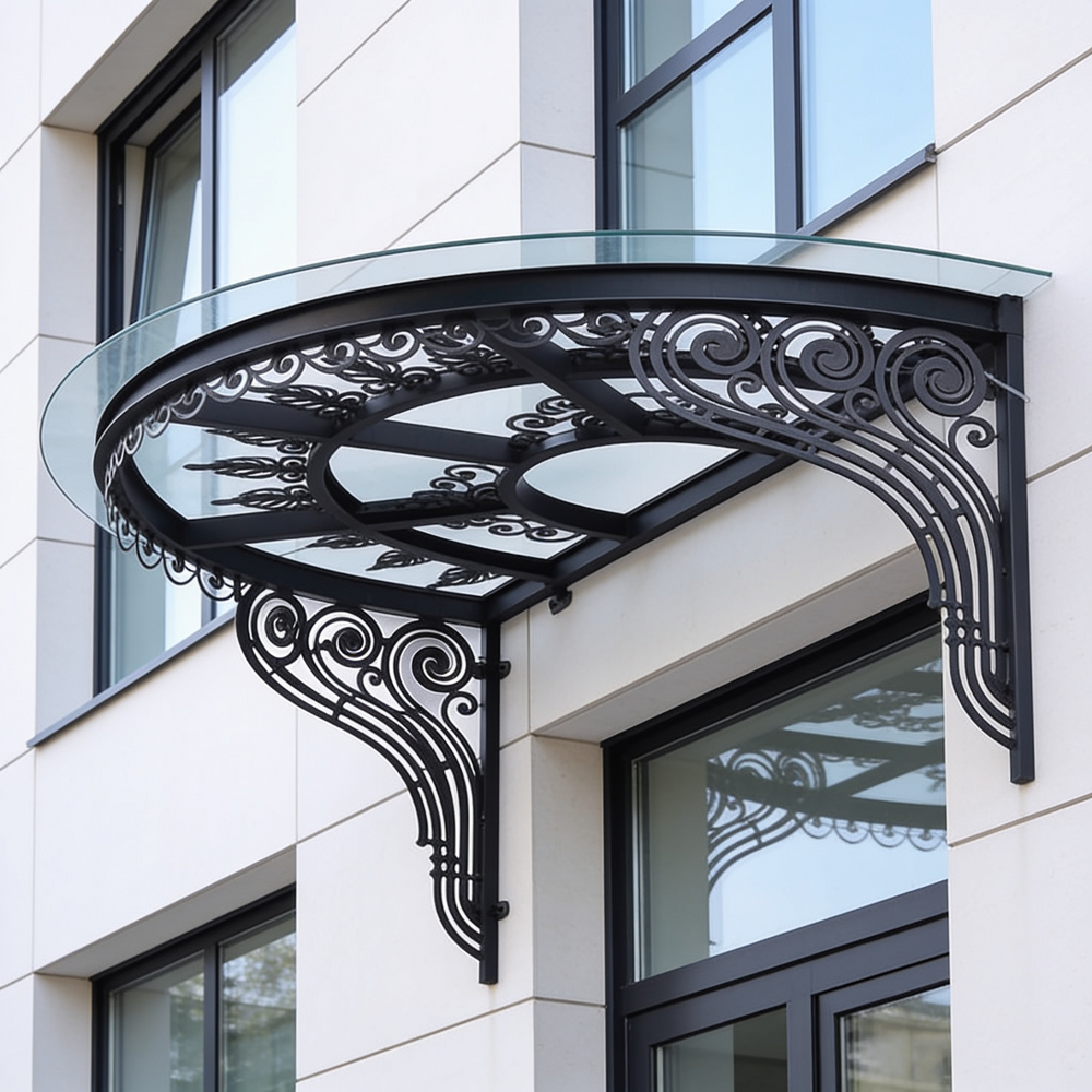 Curved glass entrance canopy featuring decorative wrought iron brackets.