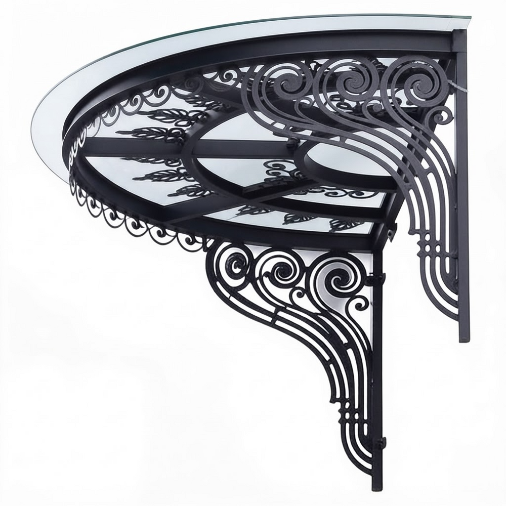 Curved glass entrance canopy featuring decorative wrought iron brackets.