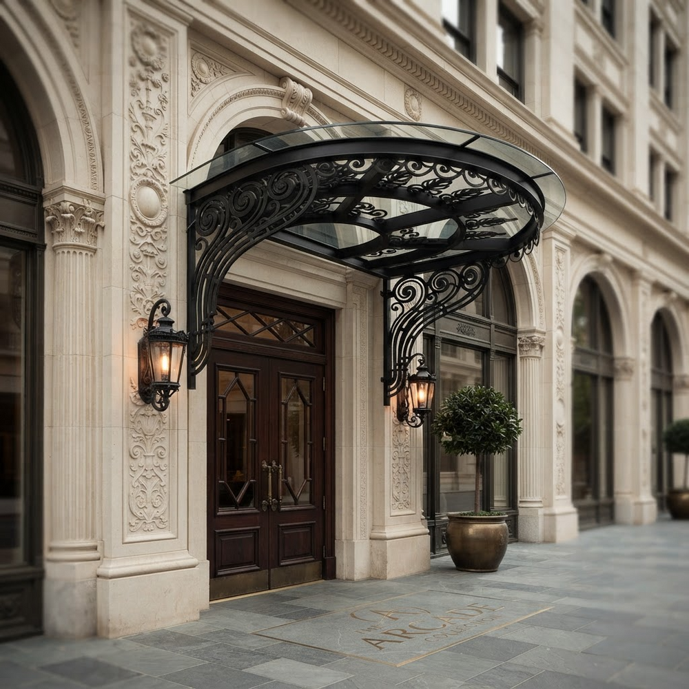 Semi‑circular glass canopy supported by decorative iron scroll brackets.