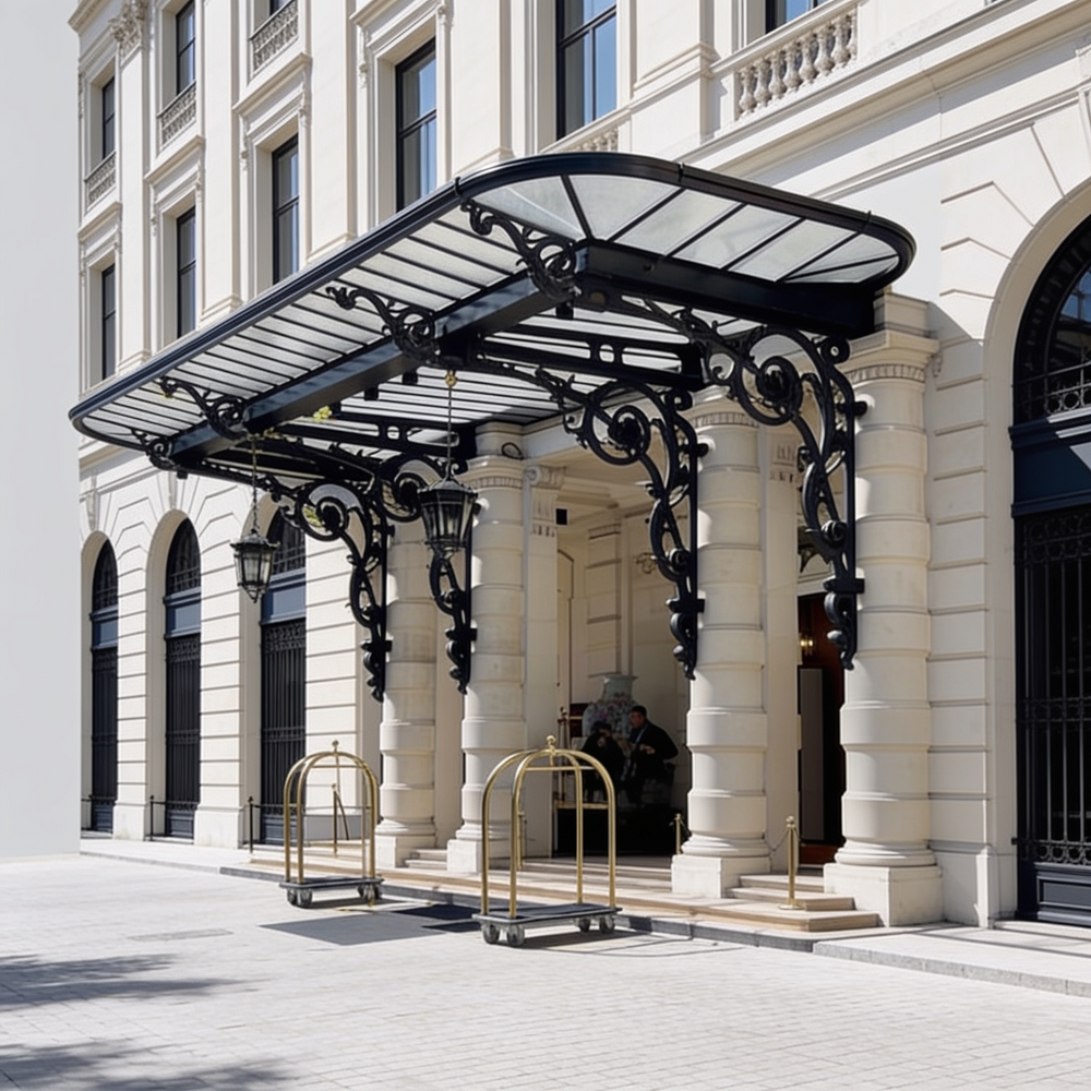 Decorative outdoor entrance awning featuring curved glass roof and hanging lantern lights.