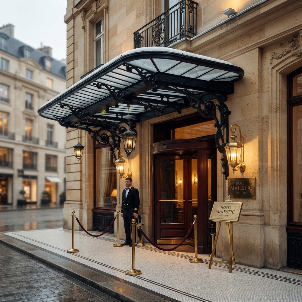 Curved glass canopy supported by decorative wrought iron brackets and lanterns.