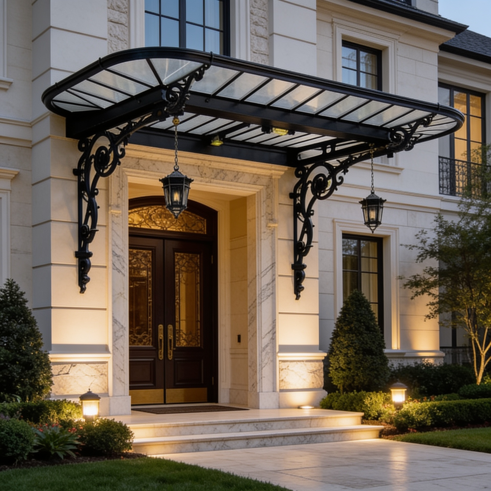 Wrought iron and glass canopy mounted above luxury building doorway.