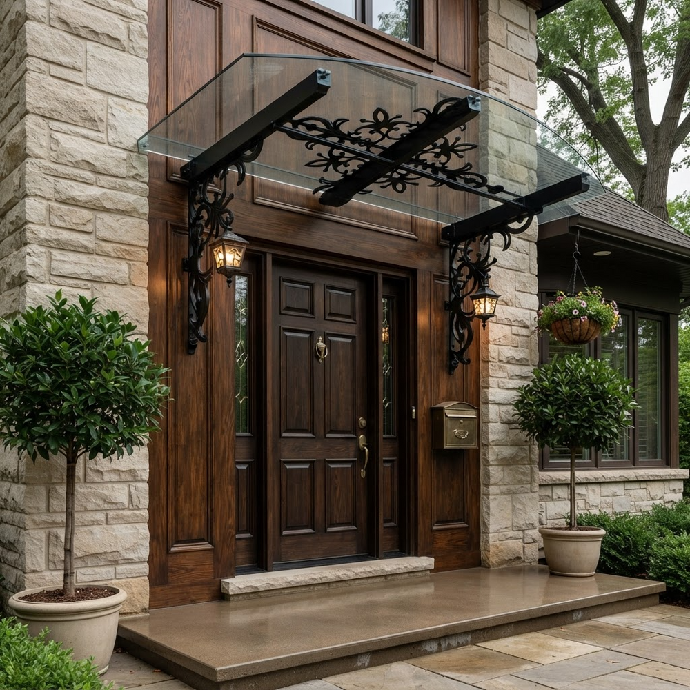 Curved glass canopy mounted above exterior doorway with floral iron detailing.