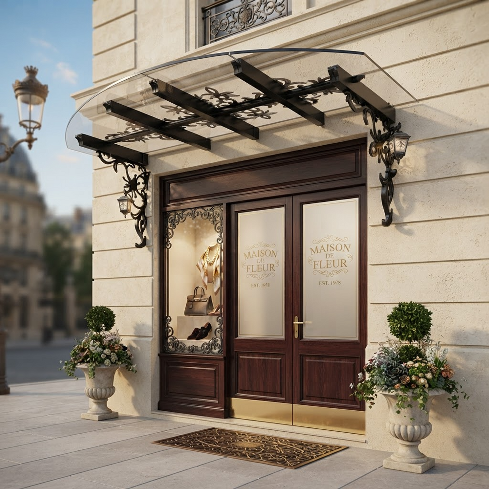 Exterior entrance canopy with curved glass and decorative wrought iron supports.