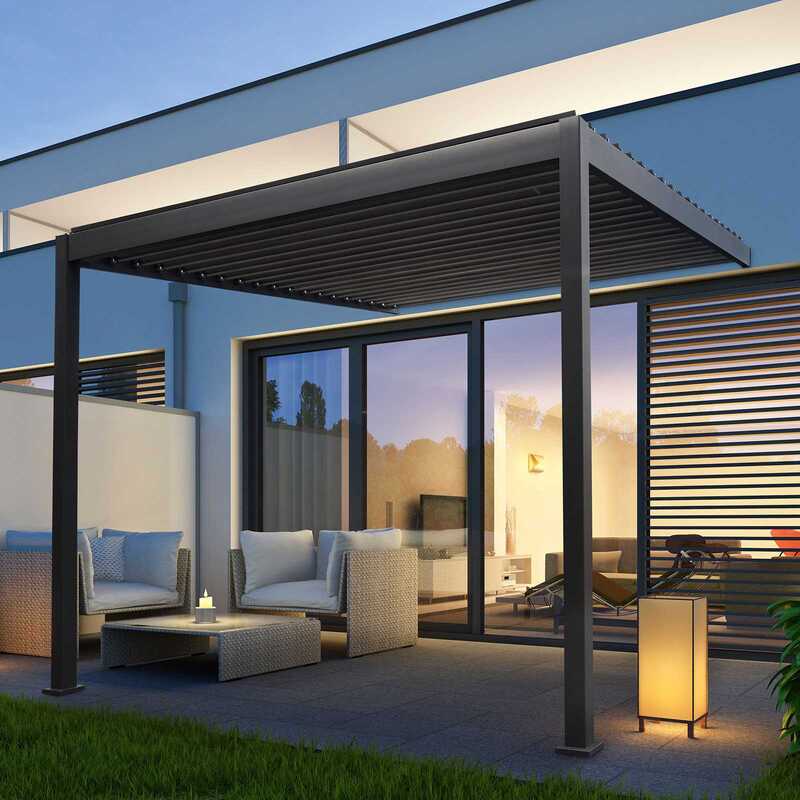 Outdoor patio with pergola, furniture, and modern house exterior