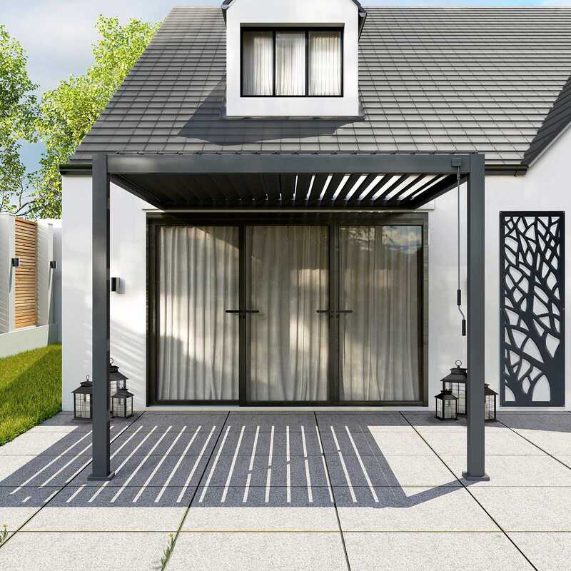 Modern house exterior with a pergola and decorative screen
