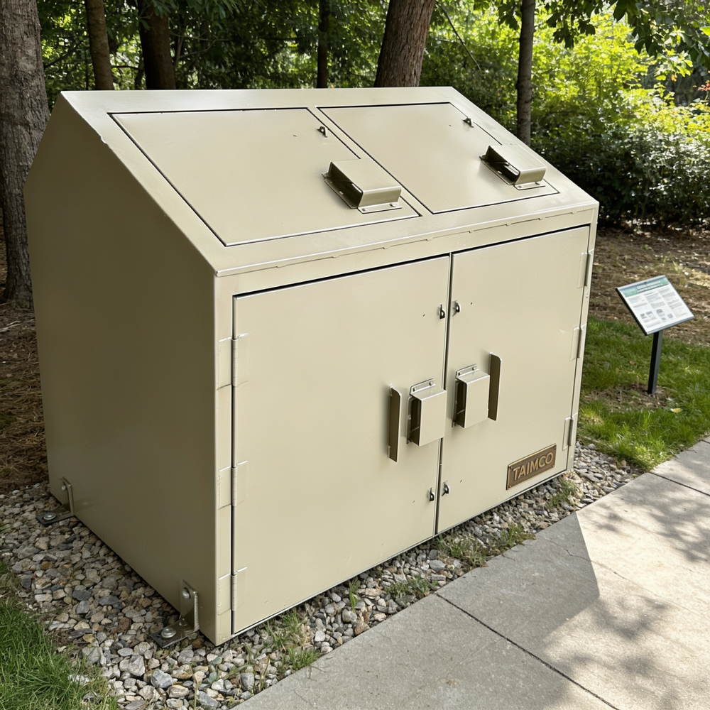 Beige metal cabinet with two compartments in a park setting