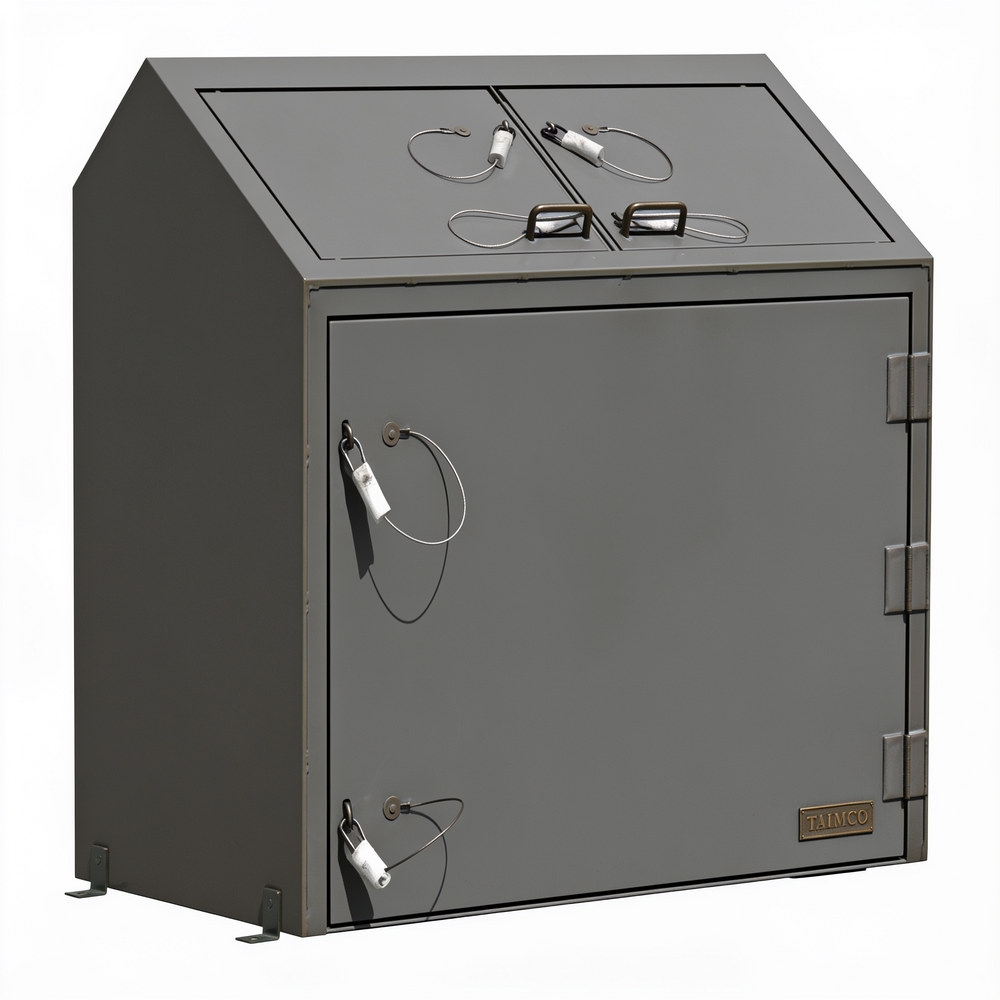 Gray metal cabinet with security features on a white background