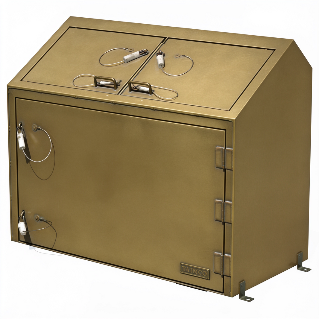 Metallic brown cabinet with multiple handles on a white background