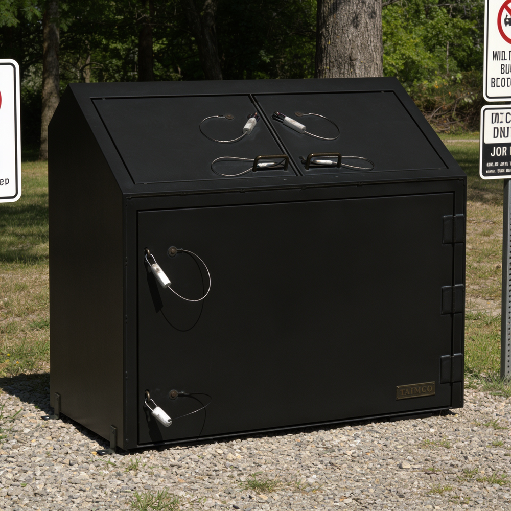 Black outdoor trash bin with USB charging ports on a gravel surface with trees in the background.