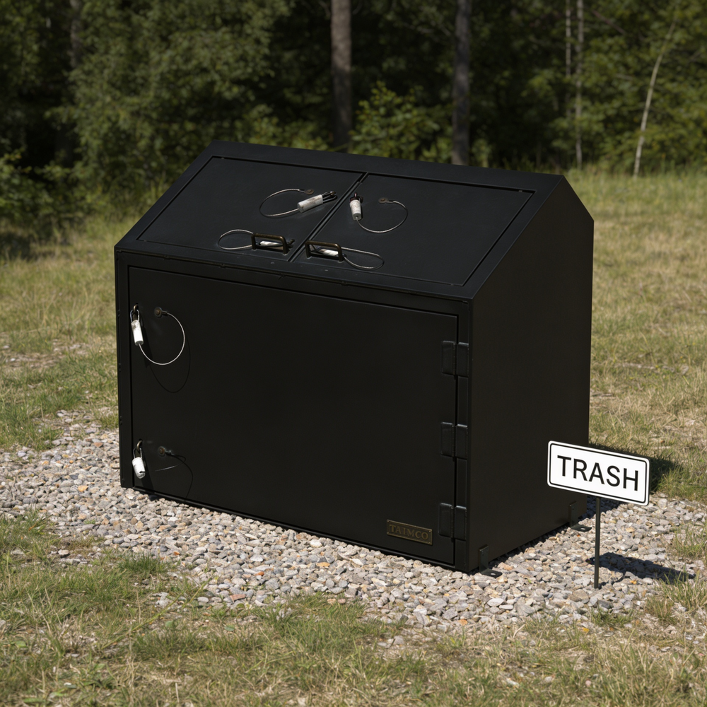 Black outdoor trash bin with a 'TRASH' sign in a natural setting