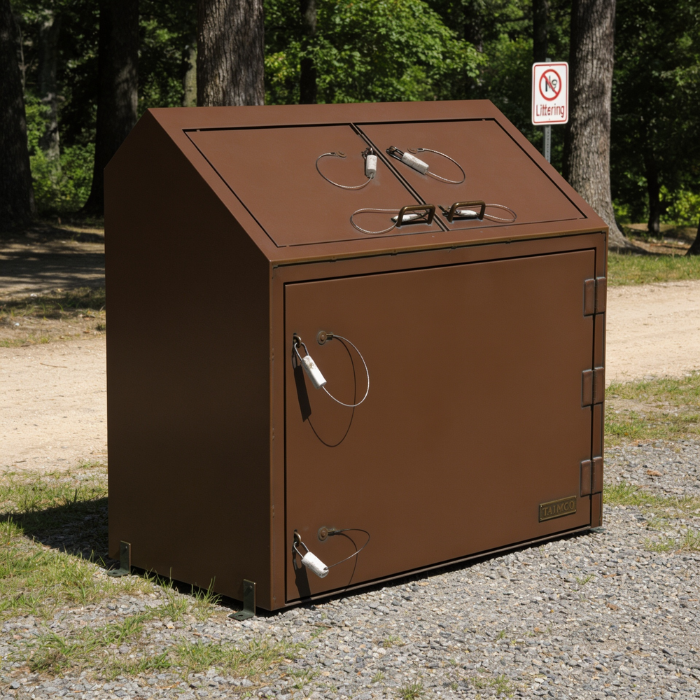 Brown metal trash bin in a park setting with trees and a no smoking sign in the background.