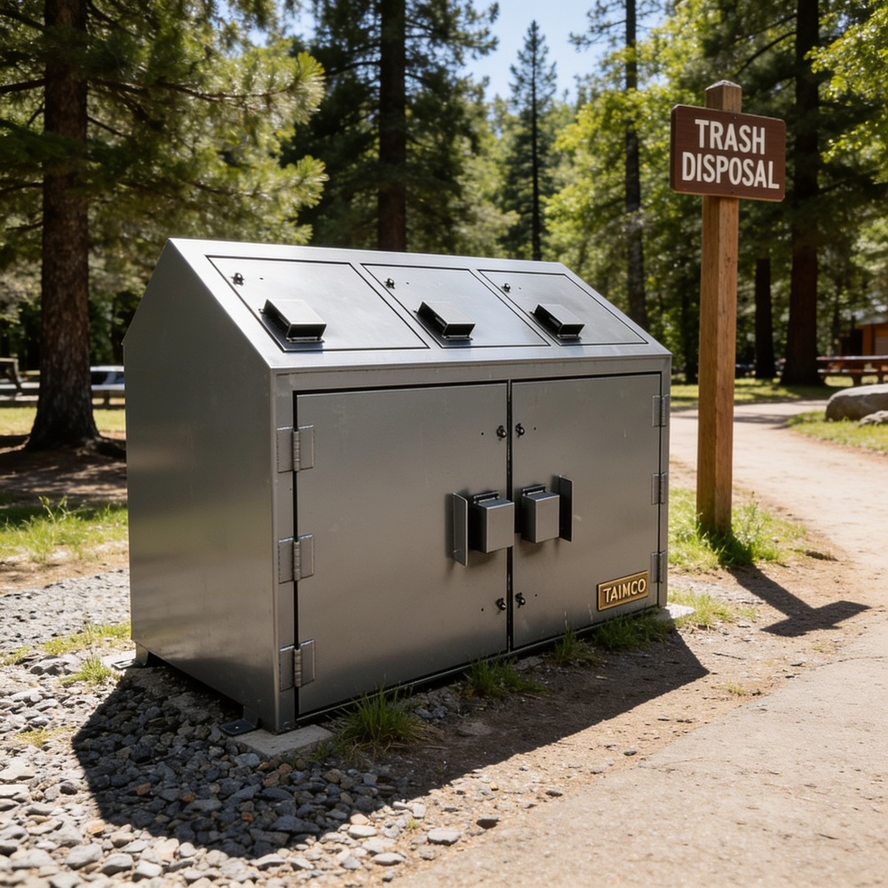 Metal trash disposal unit in a forested area with a 'Trash Disposal' sign.