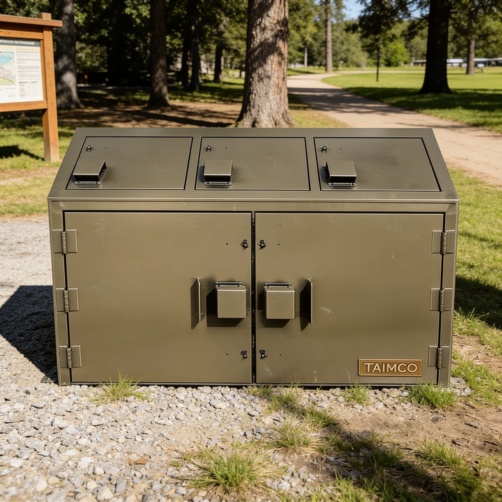 Green metal trash bin with 'Taimco' branding in a park setting