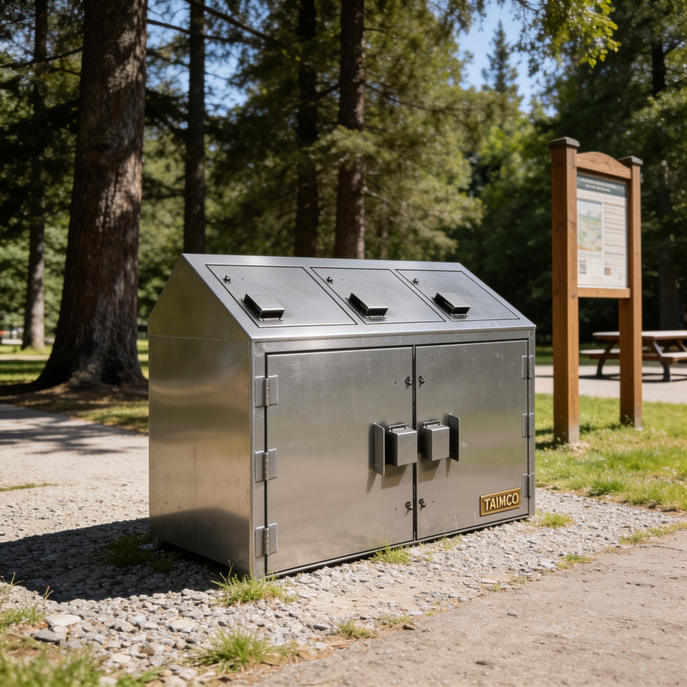 Metal waste bin with Taimco branding in a park setting
