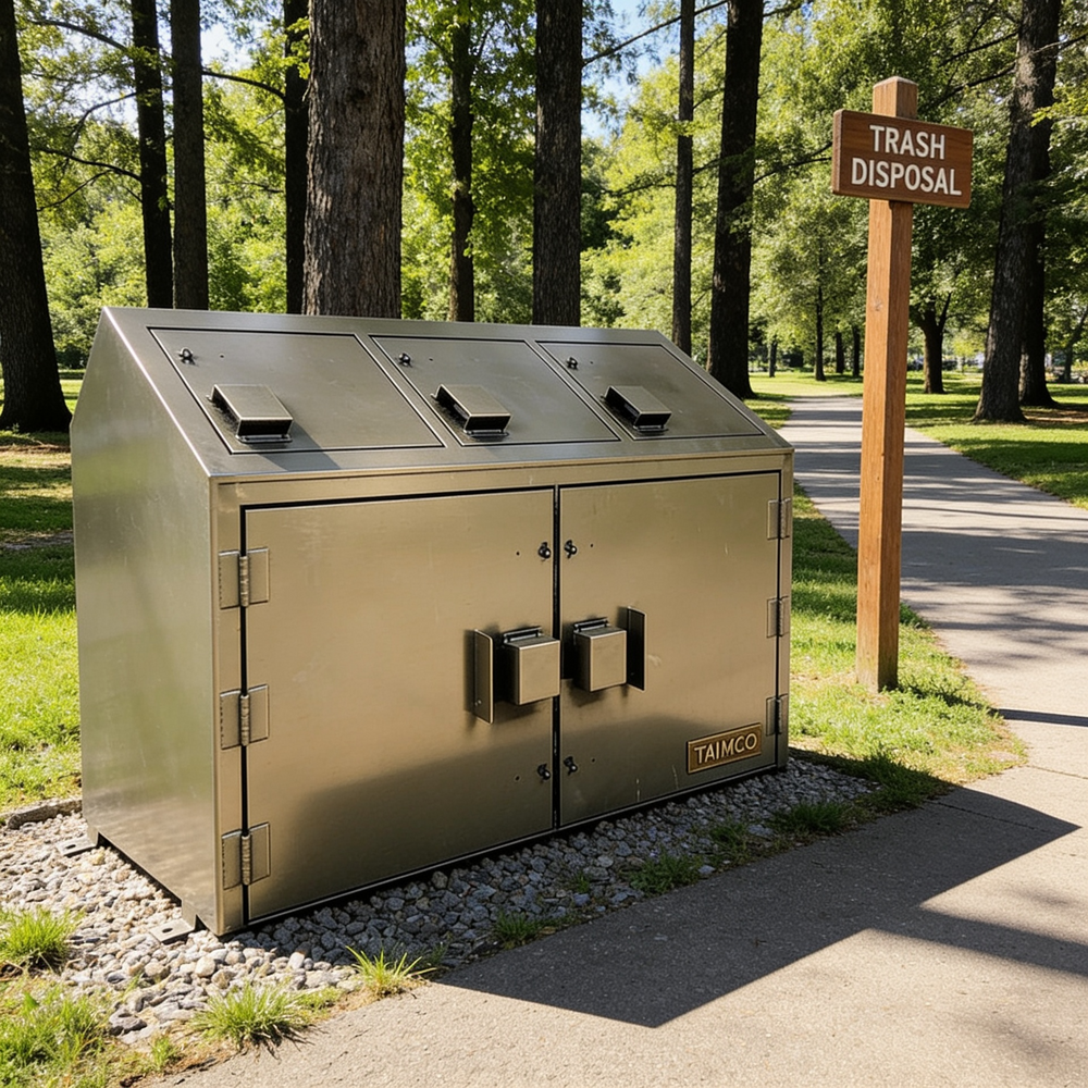 Metal trash disposal unit in a park setting with trees and a pathway.