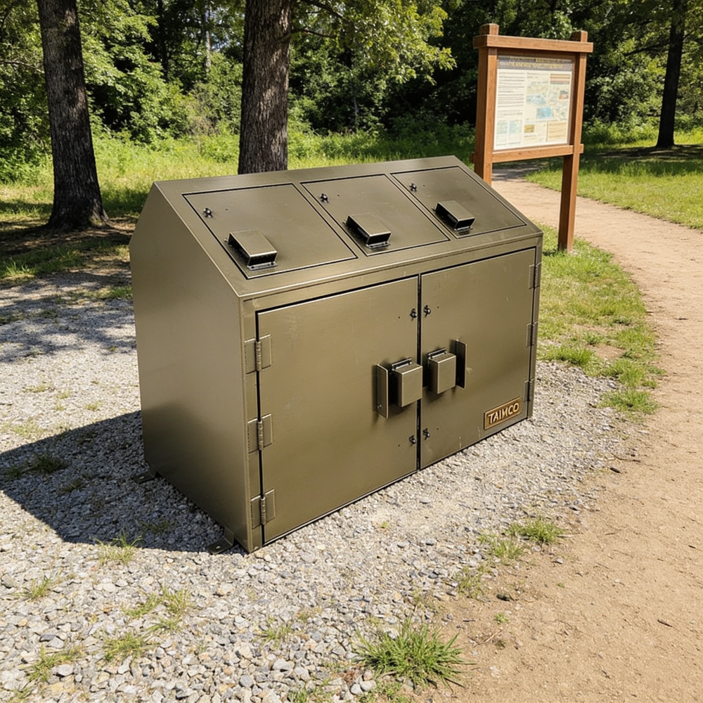 Metal trash bin with three compartments in a park setting